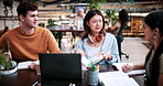 Laptop, study and teaching with people in college for research, tutor session and education project. Assignment, university and knowledge with students on campus for class schedule and exam portal