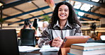 Girl, student and face with laptop in library for study. books and research project for college assessment. Woman, happy and portrait with computer, tech and development with learning at university