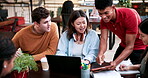 Laptop, study and group with people in college for research, tutor session or education project. Assignment thesis, university and knowledge with students on campus for class schedule and exam portal