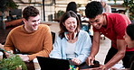 Students, laugh and discussion in college with tablet, humor and funny suggestion for group project. Happy, people and joke in university with tech, conversation and learning for higher education.