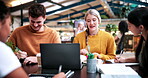Laptop, study and smile with people in college for research, tutor session and education project. Assignment, university and knowledge with students on campus for class schedule and exam portal