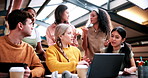 Discussion, students and people with laptop on campus, task delegation and planning for group project. Research, tech and friends with brainstorming for college assignment, teamwork and education