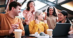 Success, happy or people in college with laptop, thesis results or good news on team project. University, flare or students with tech, academic achievement or lecturer approval on group submission.