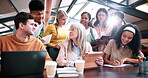 Teaching, students or professor with tech on campus, course help or explain project for knowledge. College education, teacher or happy people with tablet for assignment advice, writing notes or flare