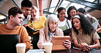 Education, tablet and teacher speaking to students in university library for group study. App, learning and lesson with woman educator talking to college class for development, future or scholarship