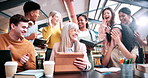 Woman, students and high five with tablet at university with results, achievement or group with applause. People, professor and celebration for exam, happy and motivation for success with college