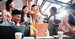 Success, high five or people in college with tablet, thesis results or good news on team project. University, win or students with clap, academic achievement or lecturer approval on group submission.