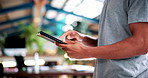 Student, hands and scroll in college with tablet, online research and check enrollment for course. Bokeh, man browse or typing in university with tech, learning and registration for higher education.