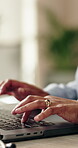 Hands, laptop and typing with person at desk in office for administration, planning or research. Computer, fingers and keyboard with employee in workplace for email feedback, report or review