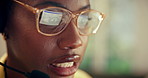 Call center, glasses and reflection with black woman in home office for troubleshooting, contact us and agent. Consulting, tech feedback and remote work with person and headset in house for help desk