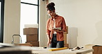 Tablet, decision and woman in new home with moving for online shopping, choice or furniture order. Digital technology, problem solving and person with ideas for living room renovation and planning