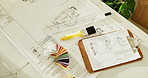 Renovation, architecture and blueprint on table with clipboard, construction and building design. Floor plan, paperwork and empty with ppe, equipment and tools for infrastructure development