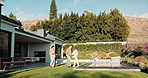 Family, walking and backyard with children for new home, moving in or outdoor garden design. Mom, dad and kids with pool, grass field or flowers for relocation or eco friendly property in countryside