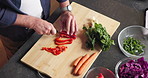 Cooking, hands and vegetables with man in kitchen of home for healthy meal preparation. Cutting, food and knife with senior person at counter in apartment for cuisine or culinary hobby from above