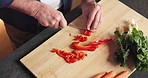 Above, hands and vegetables with old man in kitchen of home for healthy meal preparation. Cooking, food and knife with senior person at counter in apartment for cuisine, culinary hobby or recipe