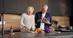 Cooking, tutorial or old couple in kitchen with tablet, food blog or connection with meal prep. Instructions, help or senior people in house with tech, online recipe or bonding in culinary hobby.