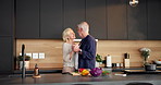 Cooking, love or old couple in kitchen with dance, playful moment or bonding in meal prep. Happy, groove or senior people in house with fun, culinary activity or romantic connection in retirement.