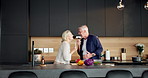Cooking, karaoke or old couple in kitchen with spoon, fun moment or bonding with culinary hobby. Happy, groove or senior people with meal prep, singing performance or playful connection in home.