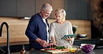 Meal prep, recipe or old couple in kitchen with tablet, food blog or connection with cooking. Instructions, help or elderly people in home with tech, online tutorial or bonding in culinary hobby.