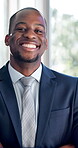 Business, happy or black man in office with face, optimism or ambition as investment consultant. Confidence, smile or finance advisor with portrait, about us or positive attitude in asset management.
