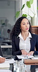 Business, woman and meeting with file in office for financial review, monthly feedback or update. Finance manager, team and talk with documents for company performance, goal setting and action plan