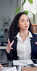 Business, woman and talk with file in meeting for financial review, monthly feedback or update. Finance manager, team and discussion with documents for company valuation, goal setting and action plan