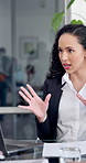 Pitch, talk or woman in agency with meeting, funding feedback or evaluation of eco startup. Review, brief or finance advisor with proposal, green investment or growth strategy for sustainable company