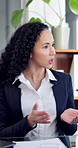 Pitch, talking or woman in agency with meeting, funding feedback or evaluation of eco startup. Brief, plan or finance advisor with proposal, green investment or growth strategy at sustainable company