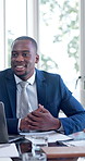 Pitch, talk or man in office with meeting, funding insight or evaluation of client portfolio. Brief, smile or finance advisor with proposal, budget review or growth strategy in investment opportunity