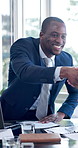 Business, meeting or man in office with handshake, partnership success or celebration in b2b deal. Corporate, happy or employee with shaking hands, agreement or achievement in merger opportunity.