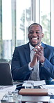 Meeting, applause and business man with success, financial accomplishment and pointing for target. Black person, clapping and excited in office, revenue increase or investment earnings with laptop