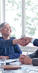 Meeting, clap or woman in office with handshake, partnership success or celebration in b2b deal. Corporate, happy or mature employee with shaking hands, agreement or achievement in merger opportunity