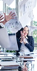 Applause, businesswoman and throw paper with team for success, financial accomplishment and target. Clapping, excited people and documents in air at office, revenue increase or investment profit