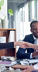 Business people, meeting or handshake for greeting, arrival or welcome to office with tablet. Company, walk or shaking hands with happy team for hello, introduction or start negotiation with tech