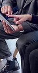 Meeting, review or hands in office with tech, training notes or team coordination in business workshop. Laptop, people or employees with tablet, group insight or info recording in development session