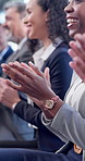 Meeting, clapping and happy woman with celebration, company growth or financial accomplishment. Team, applause and excited in office for goal achievement, revenue milestone or investment success