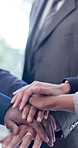 Teamwork, business people and stack hands for celebration, applause and goal motivation in office. Employees, together and collaboration with support, success and clapping for mission achievement