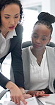 Team, help and business women with document for accounting, budget info or discussion in office. Advice, paperwork and talk with auditor for financial records, tax report and question with computer