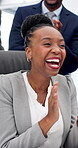 Excited, businesswoman and applause in office with team, success and reward for financial audit goals. Happy, people and clap in firm with celebration, finance review and point for bonus achievement.