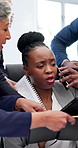 Team, woman and phone call with chaos in business, office and multitasking for tasks and signature. People, pressure and time management with tech for panic, problem and crisis in busy workplace
