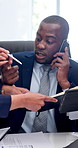 Team, man and phone call with chaos in business, office and multitasking for tasks and signature. People, pressure and time management with tech for panic, problem and crisis in busy workplace