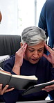 Team, woman and stress for business crisis, office chaos and multitasking for responsibility. Mature, frustrated and time management with tech for agenda problem or burnout in busy workplace