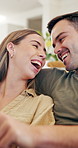 Happy couple, relax and browsing with tablet for home decor, interior design or fun renovation together. Black man and woman with smile or scrolling on technology for house improvement, DIY or ideas