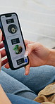 Woman, hands and phone screen with food menu in home for restaurant website, ecommerce or online order. Person, user or scrolling with mobile smartphone app for fast food or takeaway shopping