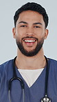 Happy, man and face of nurse in studio with confidence for career with opportunity in medical service. Smile, portrait and male healthcare worker with pride for about us on white background in Mexico