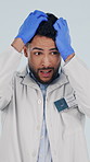 Science, man and frustrated in studio with stress, mistake and upset with pharmaceutical crisis. Scientist, thinking and worried on white background with anxiety, fail and error in medical research