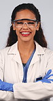 Arms crossed, face and laughing with woman scientist in studio for medical development or research. Funny, science and visor with person on white background for healthcare or pharmaceutical industry