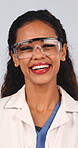 Face, laughing and visor with woman scientist in studio for medical development or research. Funny, goggles and science with happy person on white background for healthcare or pharmaceutical industry