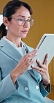 Tablet, scroll and business woman in office for planning, client accounting and account broker. Glasses, networking and consultant with person and tech for contact, research or budget proposal