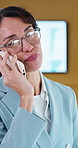 Phone call, discussion and business woman in office for planning, client negotiation and account broker. Communication, networking and consultant with person and tech for contact, talk or advice